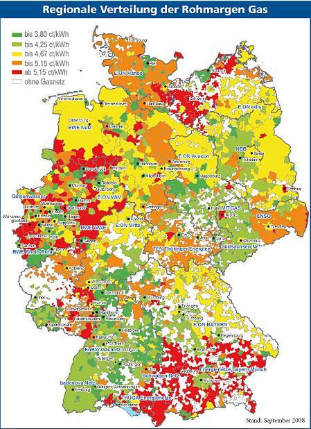 Karte Deutschland Regionale Verteilung der Rohmargen Gas