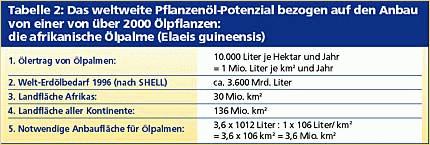 Tabelle Pflanzenöl-Potenzial - afrikanische Ölpalme