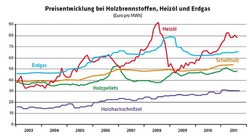 1675 Diagramm Preisentwicklung bei Holzbrennstoffen, Heizöl und Erdgas
