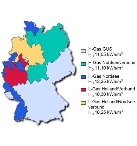 Karte Deutschland Brennwert H-Gas und L-Gas