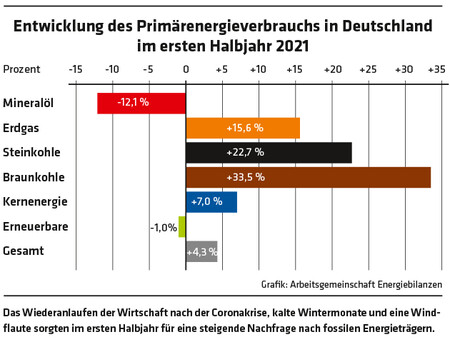 1224 Grafik Entwicklung des Primärenergieverbrauchs in Deutschland im ersten Halbjahr 2021 /  Grafik: Arbeitsgemeinschaft Energi