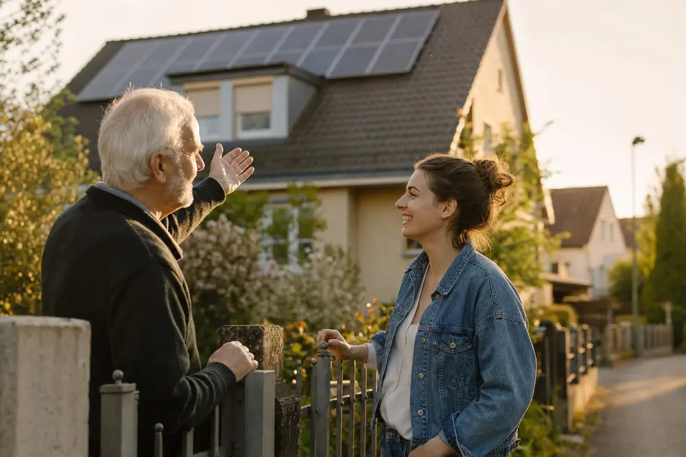 Zwei Nachbarn unterhalten sich am Gartenzaun, im Hintergrund ein Haus mit Photovoltaikanlage auf dem Dach
